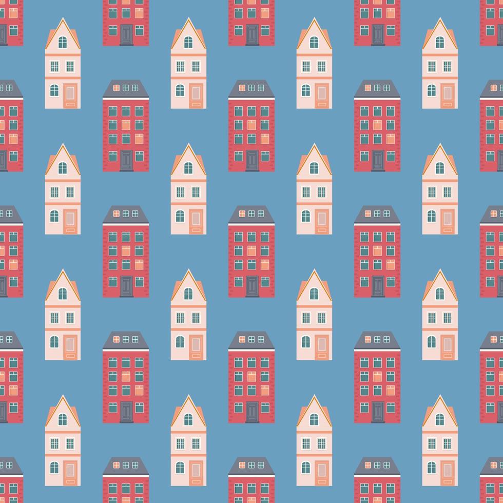 Pattern of red and beige house on blue background. Vector image for use in website design or textiles