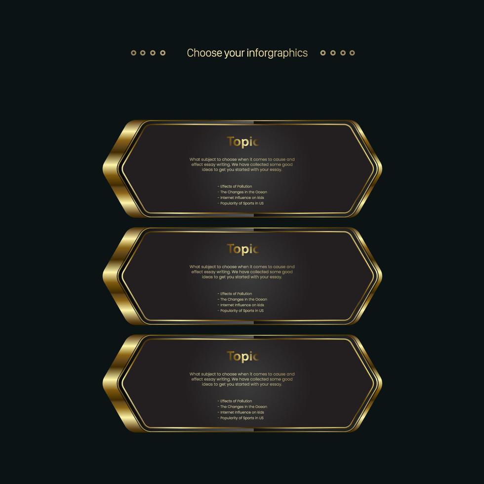THREE LUXURY buttons, banners, elements on dark background, and a premium Concept of banner for SALE off advertising design, a gold successive step chart, and luxury infographic vector