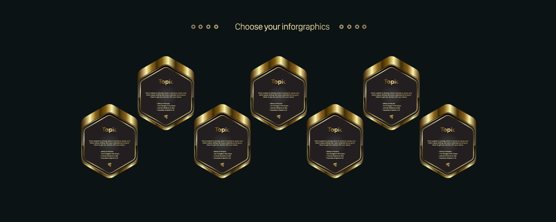Group seven LUXURY buttons on dark background, and Seven premium Concept of banners for promo advertising design, a gold successive steps charts, and luxury infographic element templates vector
