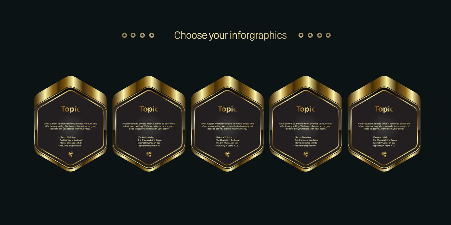 SET of five premium buttons on dark background, and premium Concept of 5 banners for shopping ads design, a gold successive steps, a luxury infographic element vector templates styles