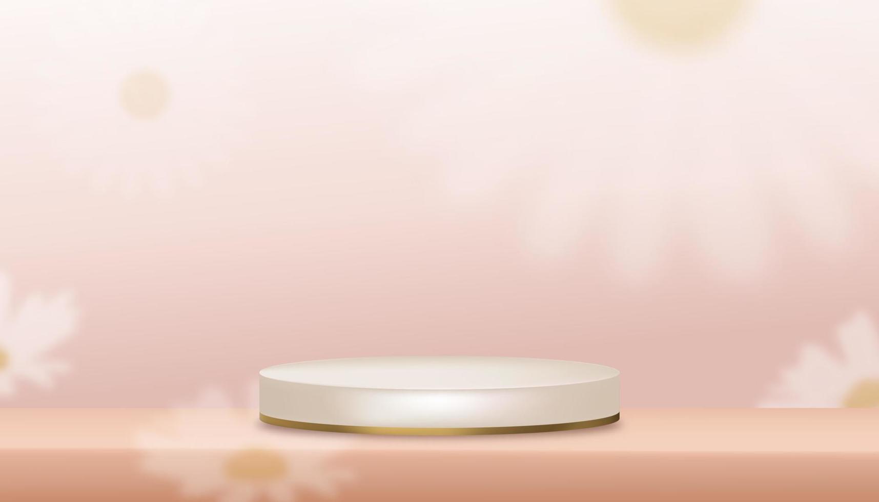 3D Showcase display of pearl stand with blurry daisy flowers on beige wall background,Vector Studio room with podium showcase mock up for cosmetic or beauty product presentation vector