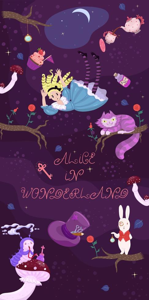 Alice's banner in wonderland. Alice Falls, Characters. Vector set.