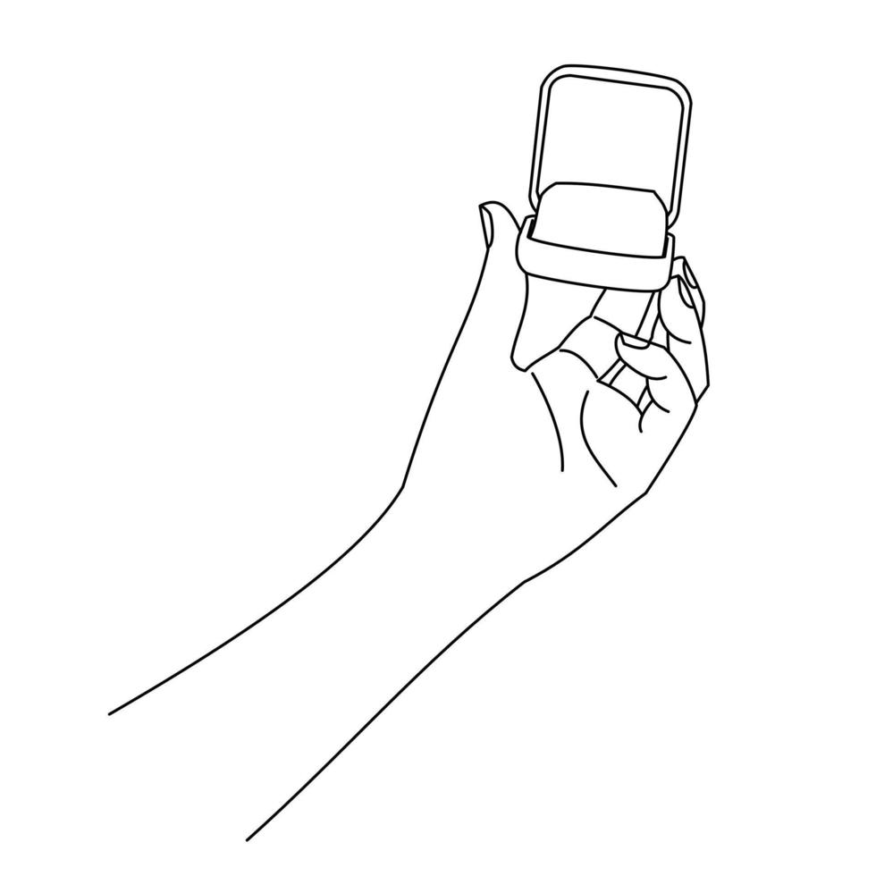 ilustración de un dibujo lineal de un hombre que da una caja de joyería de lujo con un anillo de oro a un amante como símbolo de amor aislado en fondo blanco vector