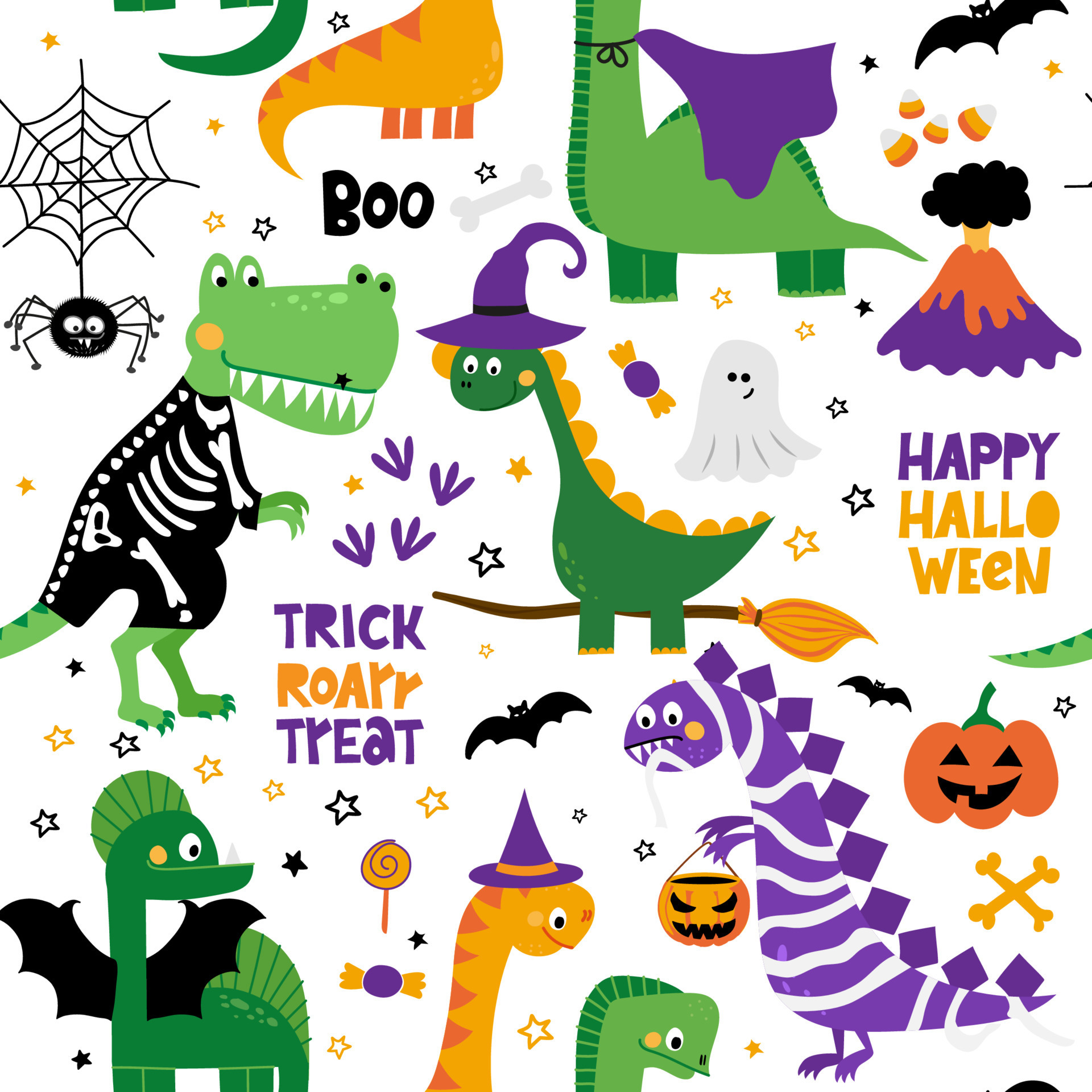 lindo dinosaurio de patrones sin fisuras con telaraña para halloween.  dinosaurios, calabazas, arañas, fantasmas, disfraces, arañas, dulces  divertidos garabatos dibujados a mano, diseño gráfico textil. papel  pintado, papel de regalo. 11949223 Vector