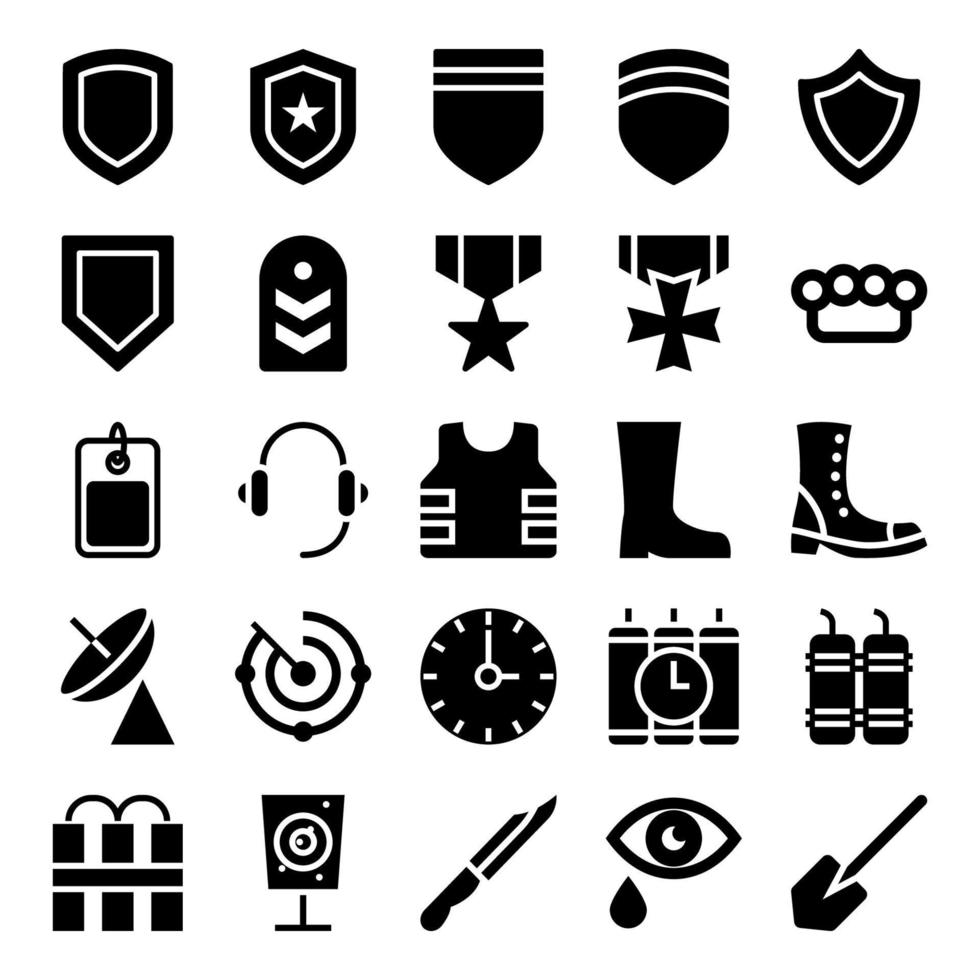 Glyph icons for army and military. vector