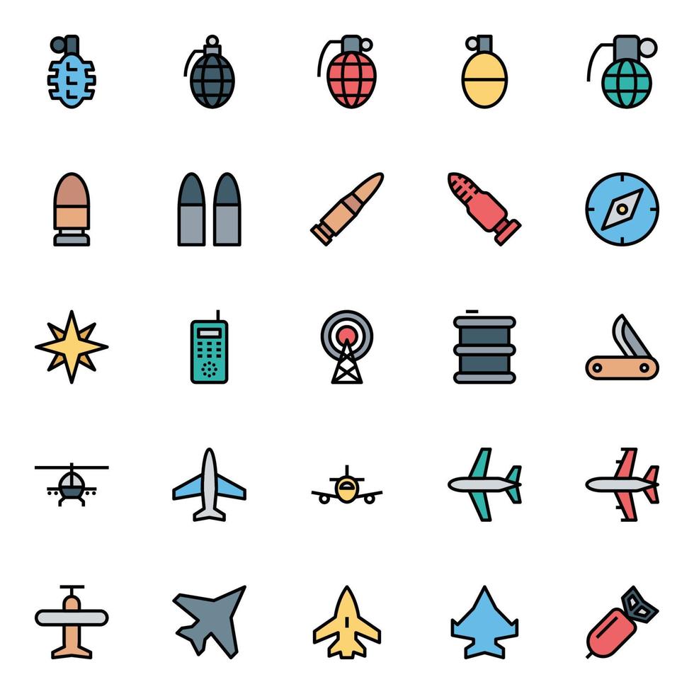 Filled outline icons for army and military. vector