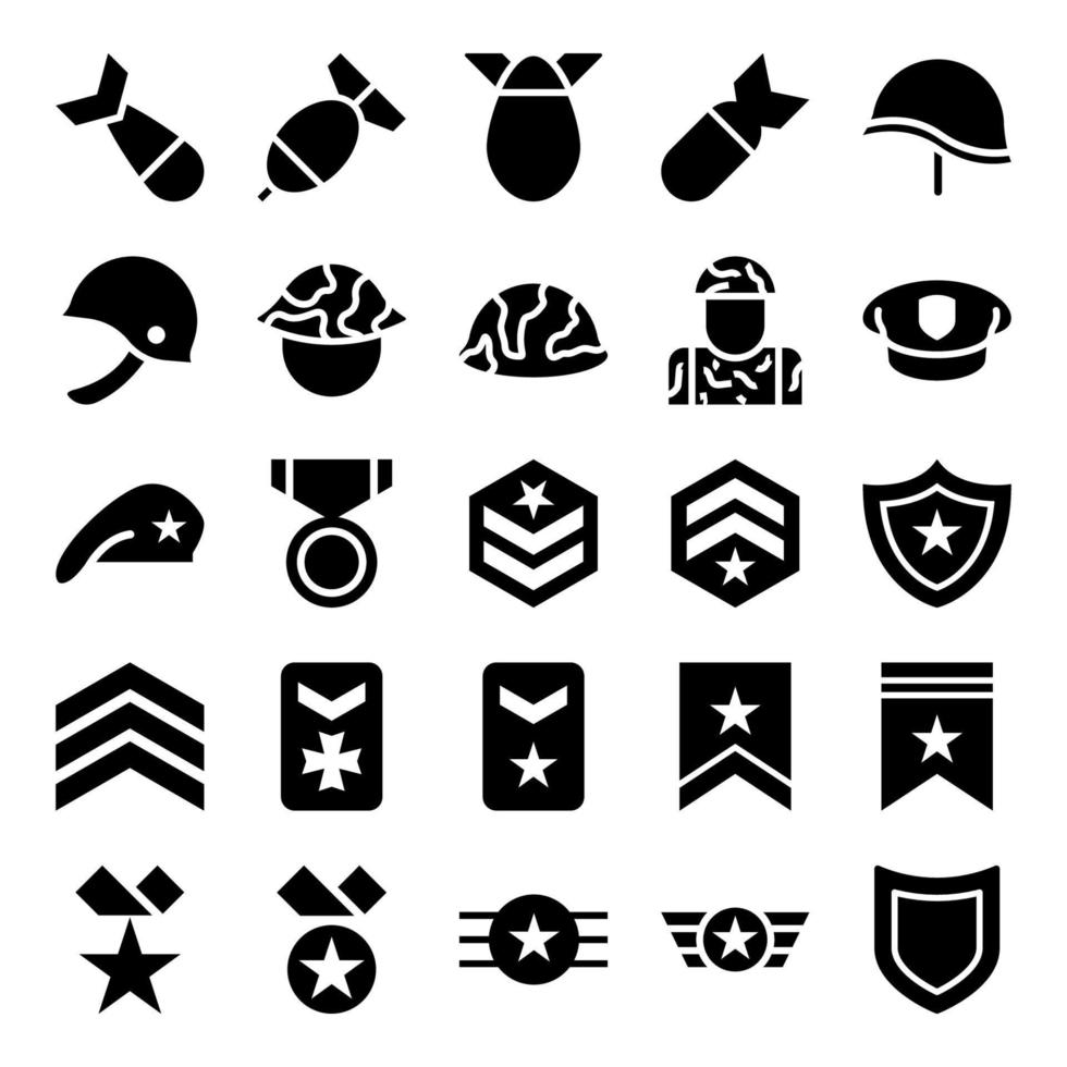 Glyph icons for army and military. vector