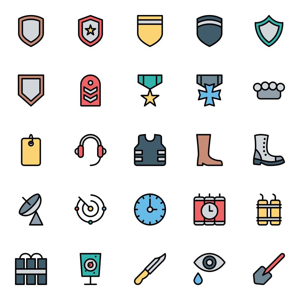 Filled outline icons for army and military. vector