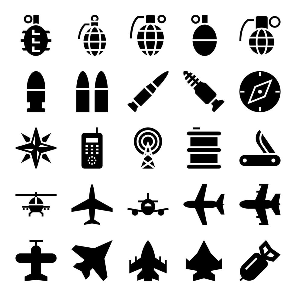 Glyph icons for army and military. vector