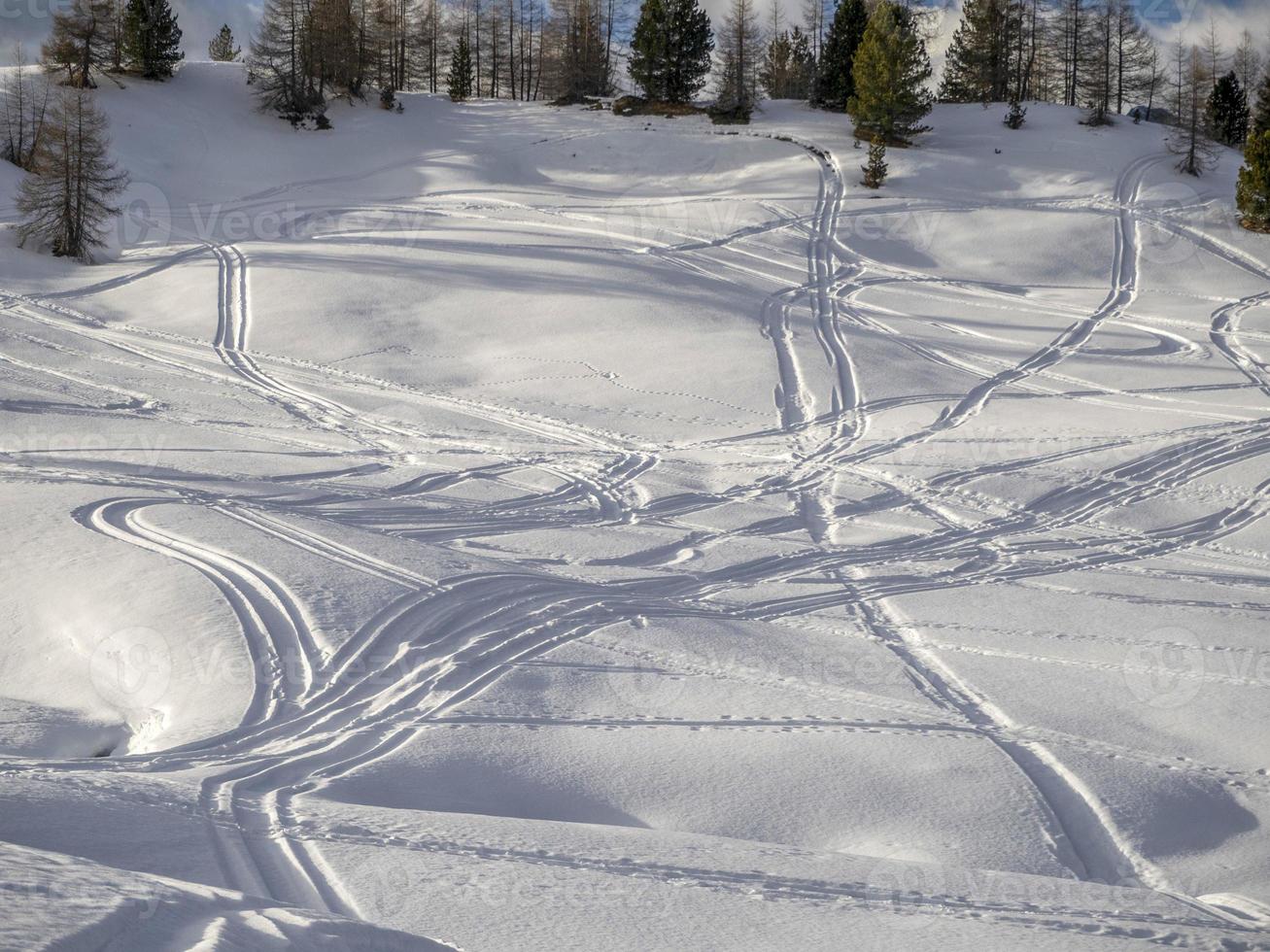 dolomites snow panorama alpine ski off slope tracks photo