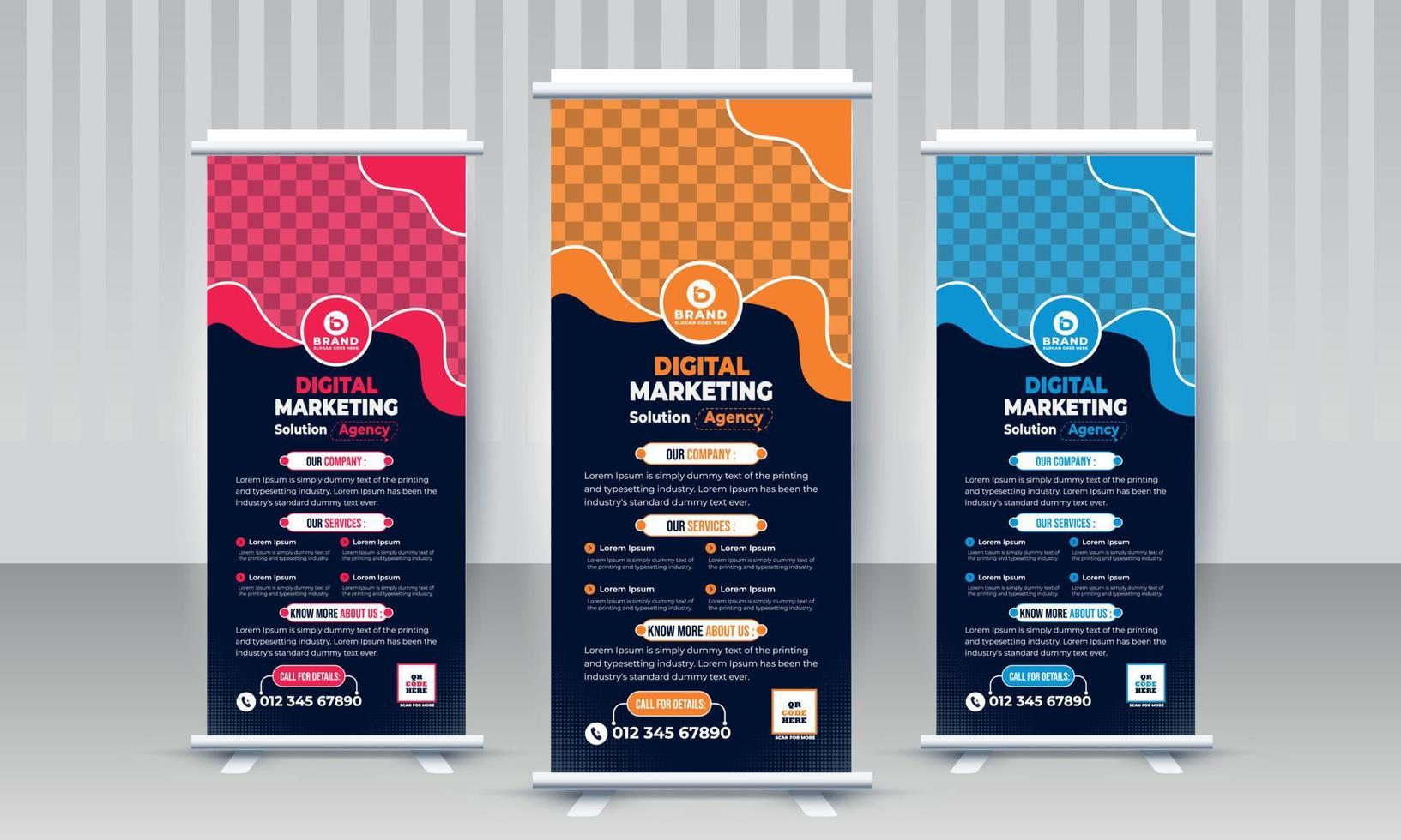 Corporate business standee x rollup banner design with three color concept red orange blue vector template