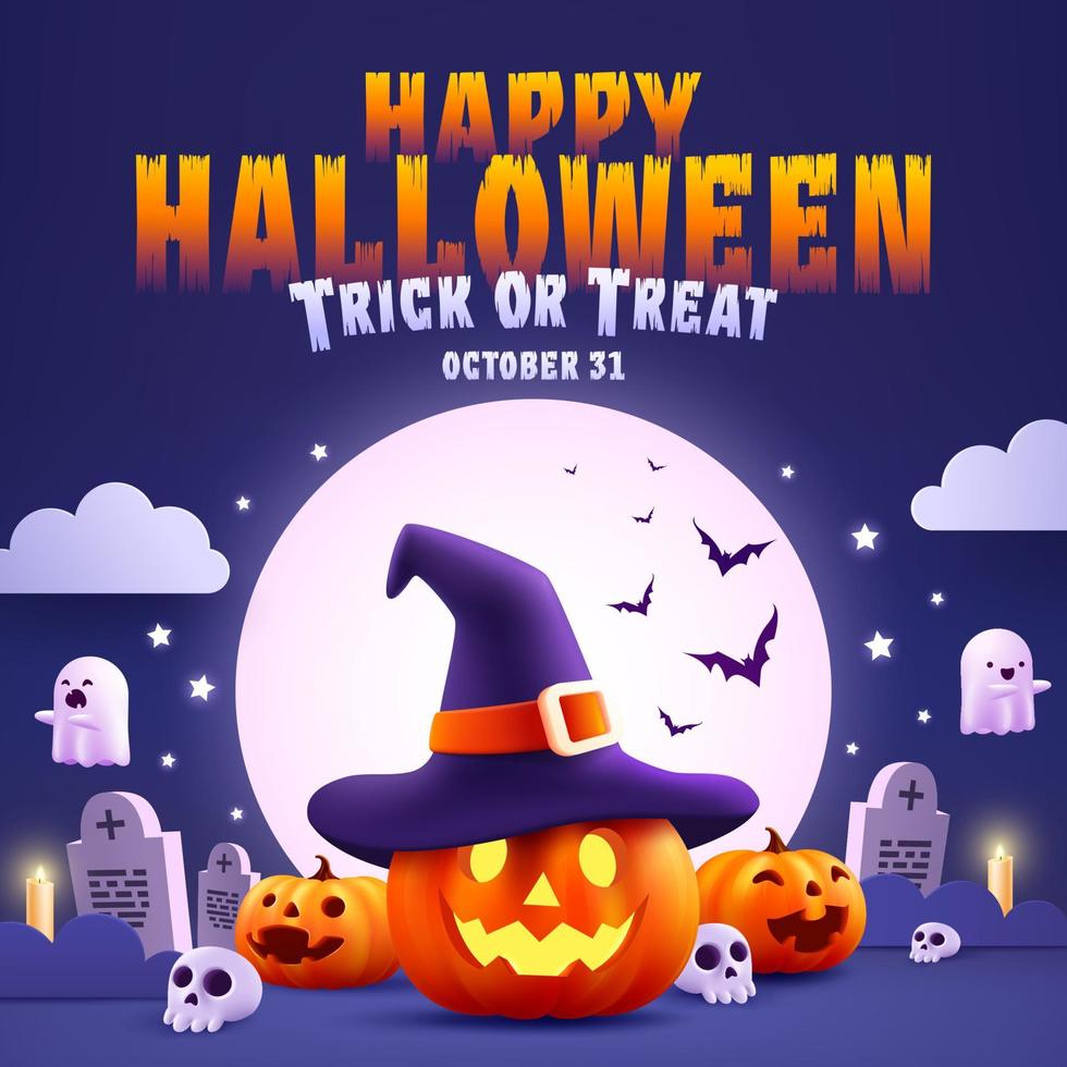 Halloween Promotion Poster or banner template.Halloween night seen with big Moon, Pumpkin ghost,Wizard Hat,cute ghost,cartoon skull and halloween elements. Website spooky or banner template vector