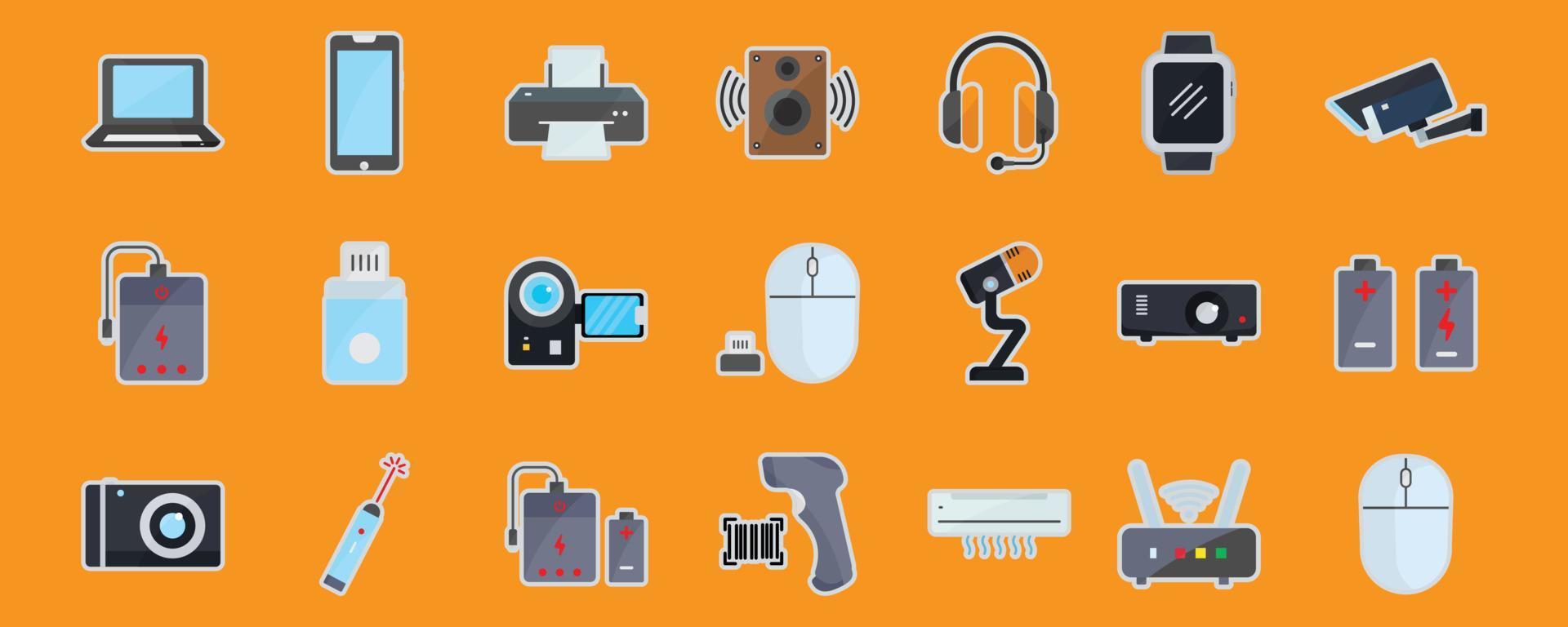 ilustración de icono de conjunto electrónico. contiene un ícono de teléfono móvil, computadora portátil, impresora, auriculares, aire acondicionado, cámara, etc. Estilo de ícono de etiqueta. diseño simple editable vector