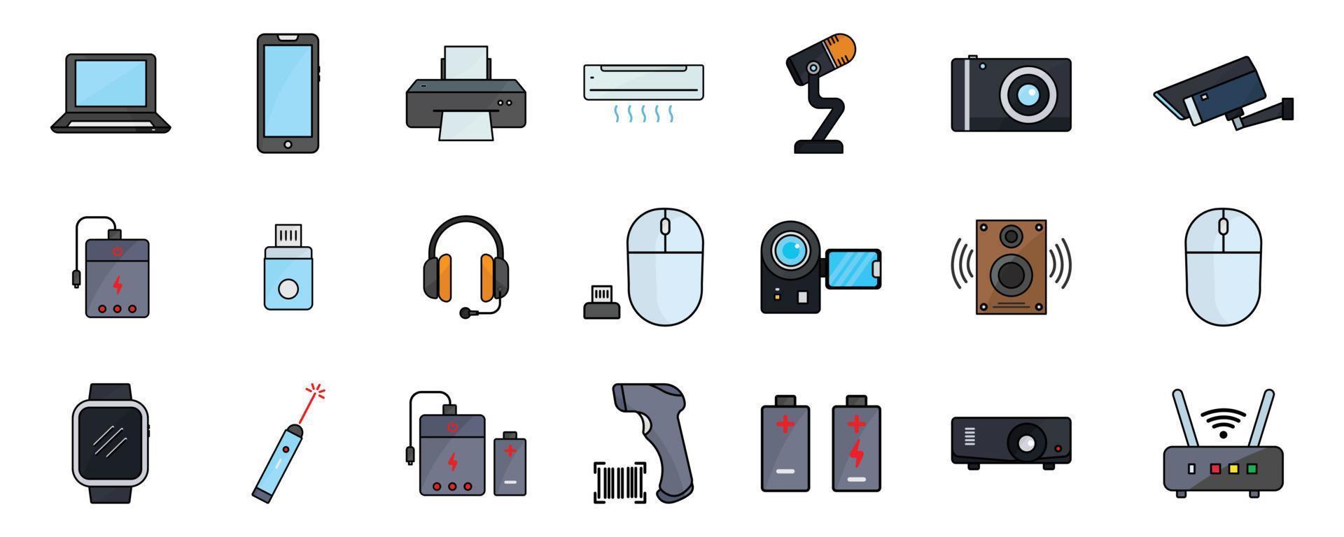 ilustración de icono de conjunto electrónico. contiene ícono de teléfono móvil, computadora portátil, impresora, auriculares, aire acondicionado, cámara, etc. estilo de ícono de color lineal. diseño simple editable vector