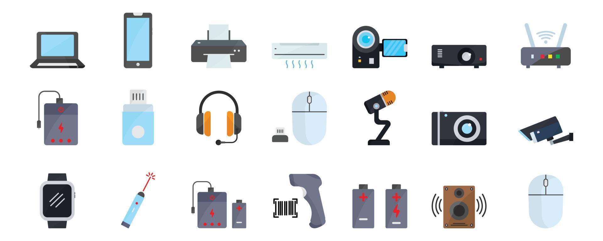 Electronic set icon illustration. contains mobile phone icon, laptop, printer, headphone, air conditioner, camera etc. flat icon style. Simple design editable vector