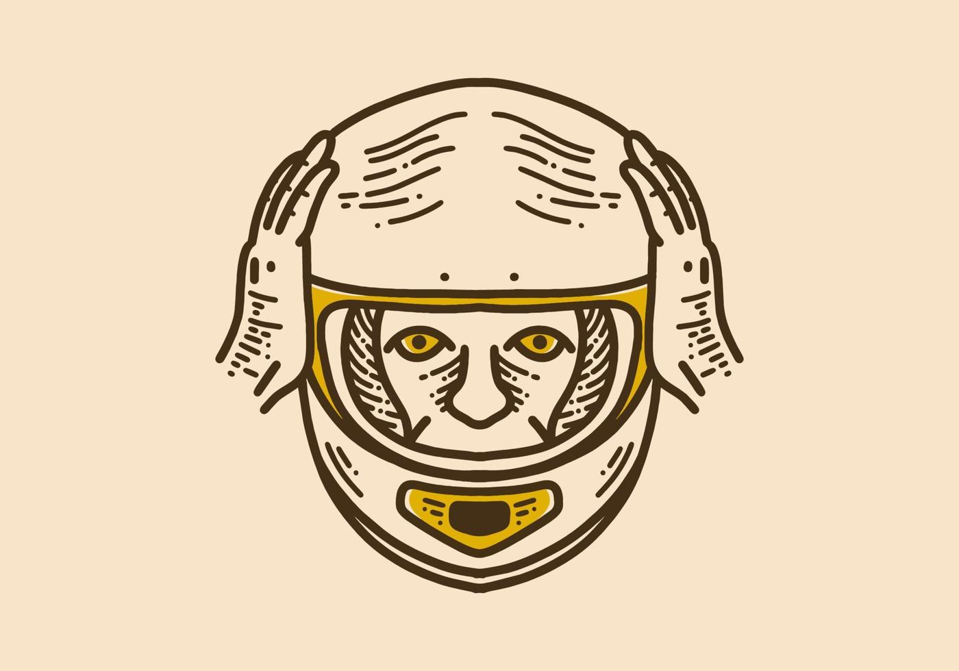 Man wearing full face helmet retro vintage line art vector