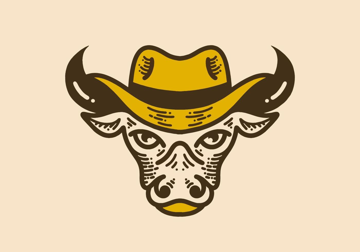 Bull head with cowboy hat retro vintage line art vector