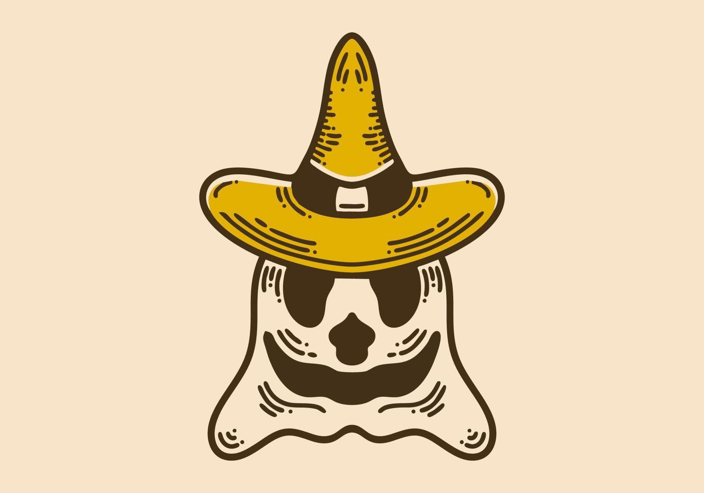 Smiling ghost with witch hat retro vintage line art vector