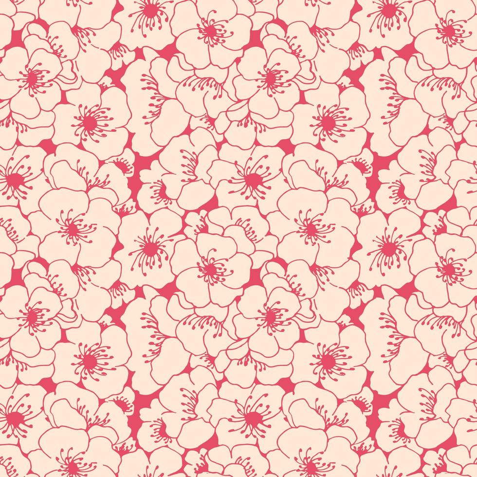 Stylized apple tree flowers line art seamless pattern. vector