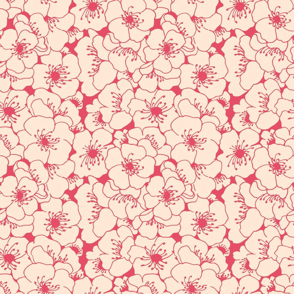 Stylized apple tree flowers line art seamless pattern. vector