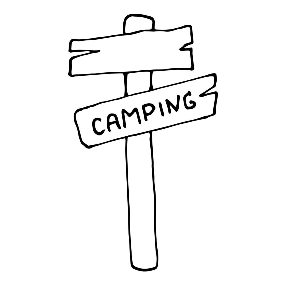 cartel de garabato dibujado a mano con texto de camping. guía vectorial. imágenes prediseñadas de campamento. contorno. vector
