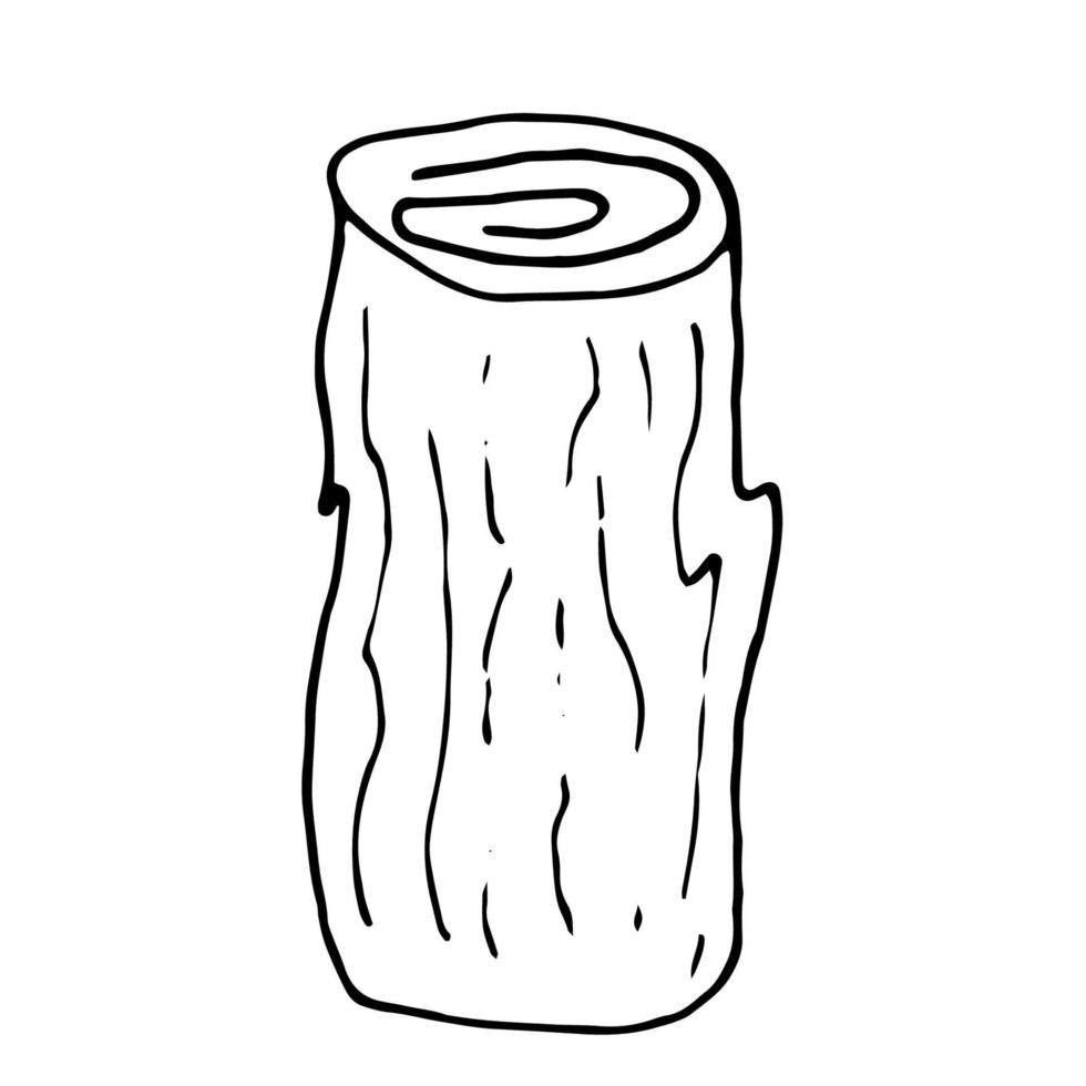 Wooden log, trunk, lumber elements, vector doodles. The outline of a chopped tree trunk. Firewood, boards, two legs with bark texture, doodle illustration.