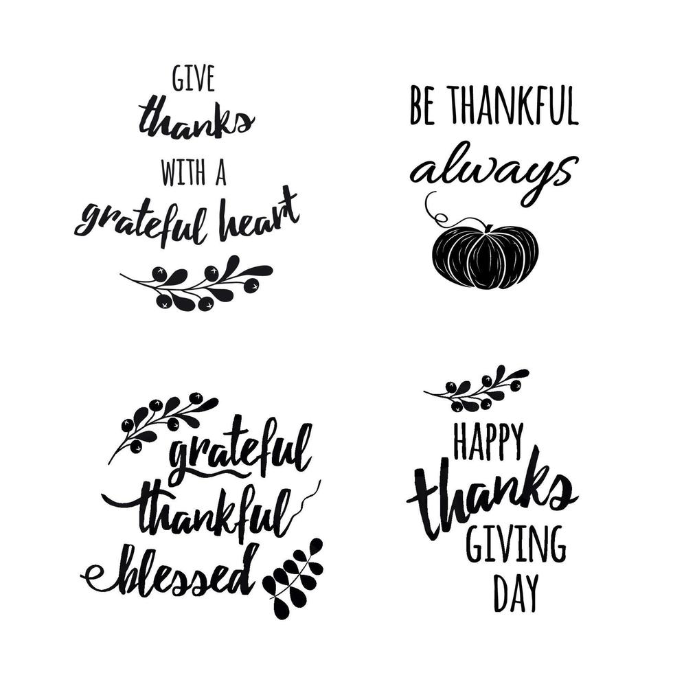 Thanksgiving set phrases Vector lettering text grateful thankful blessed decorated autumn floral branch Hand drawn lettering words Perfect for thank you greeting cards painted on black color.