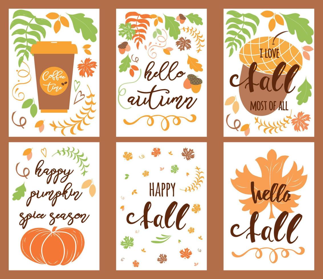 caricatura, vector, mano, dibujado, garabato, feliz, otoño, tarjetas. plantillas de diseño de pancartas verticales con calabaza, hojas de arce, roble para invitación o diseño de felicitación hecho en colores de otoño hola otoño vector