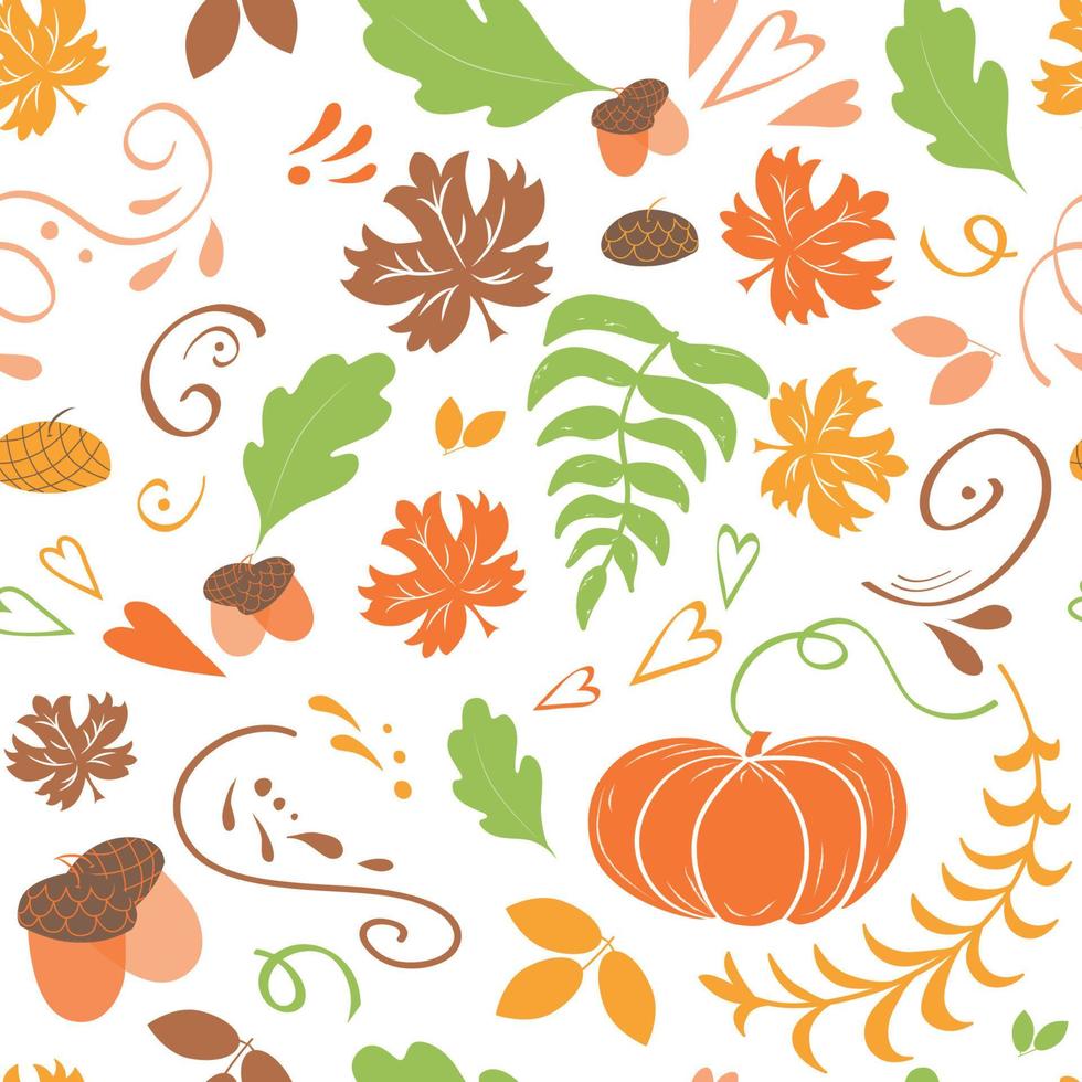 Hand drawn cute autumn background. Seamless pattern of falling colorful maple leaves pumpkin oak acorn white background Design for packaging, textiles, poster banner wallpaper Fall vector illustration