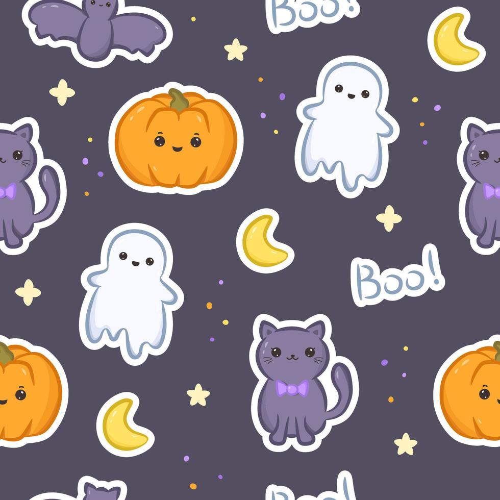 Seamless pattern with stickers pumpkin, ghosts, bat, cat, moon and lettering boo. Cute kawaii halloween print for design, background, wrapping paper and web design. Vector illustration