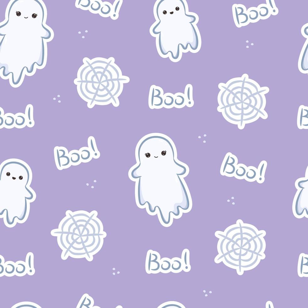 patrón impecable con fantasmas de pegatinas, abucheo de letras y web. linda impresión kawaii de halloween para diseño, fondo, papel de regalo y diseño web. ilustración vectorial vector