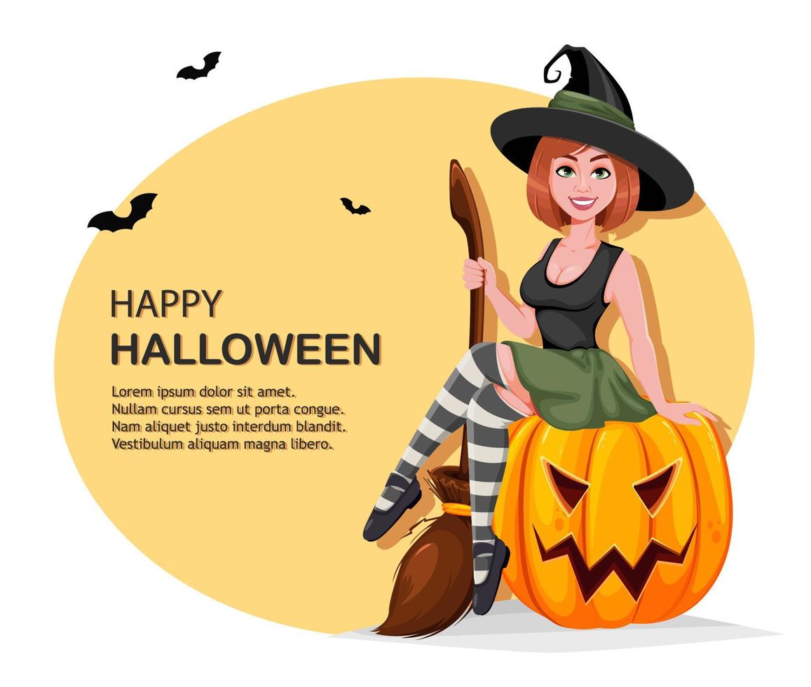 Happy Halloween greeting card. Beautiful witch vector