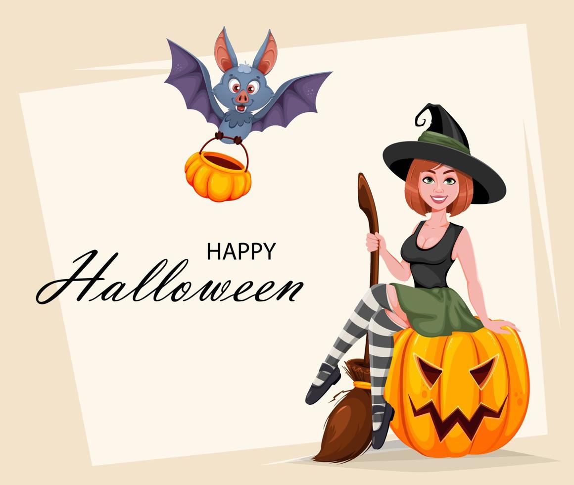 Happy Halloween. Beautiful witch and funny bat vector