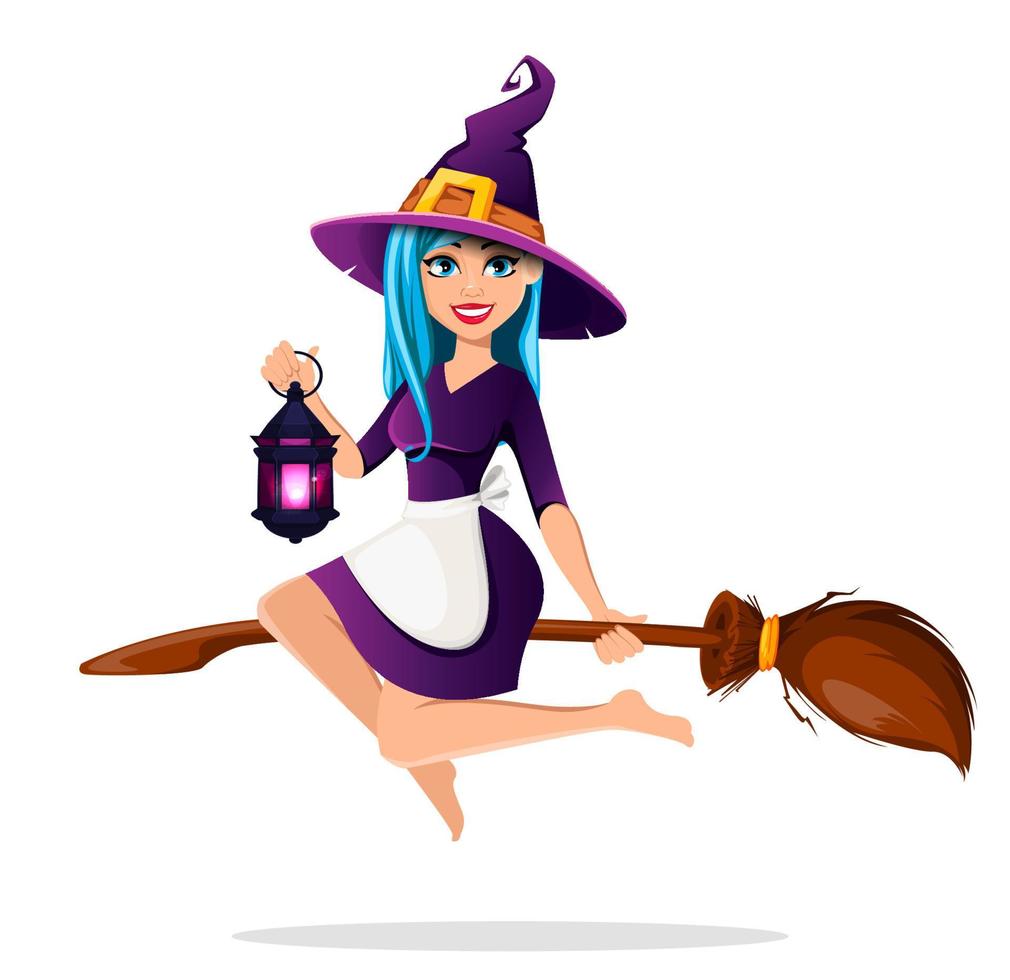 Beautiful lady witch flies on broomstick vector