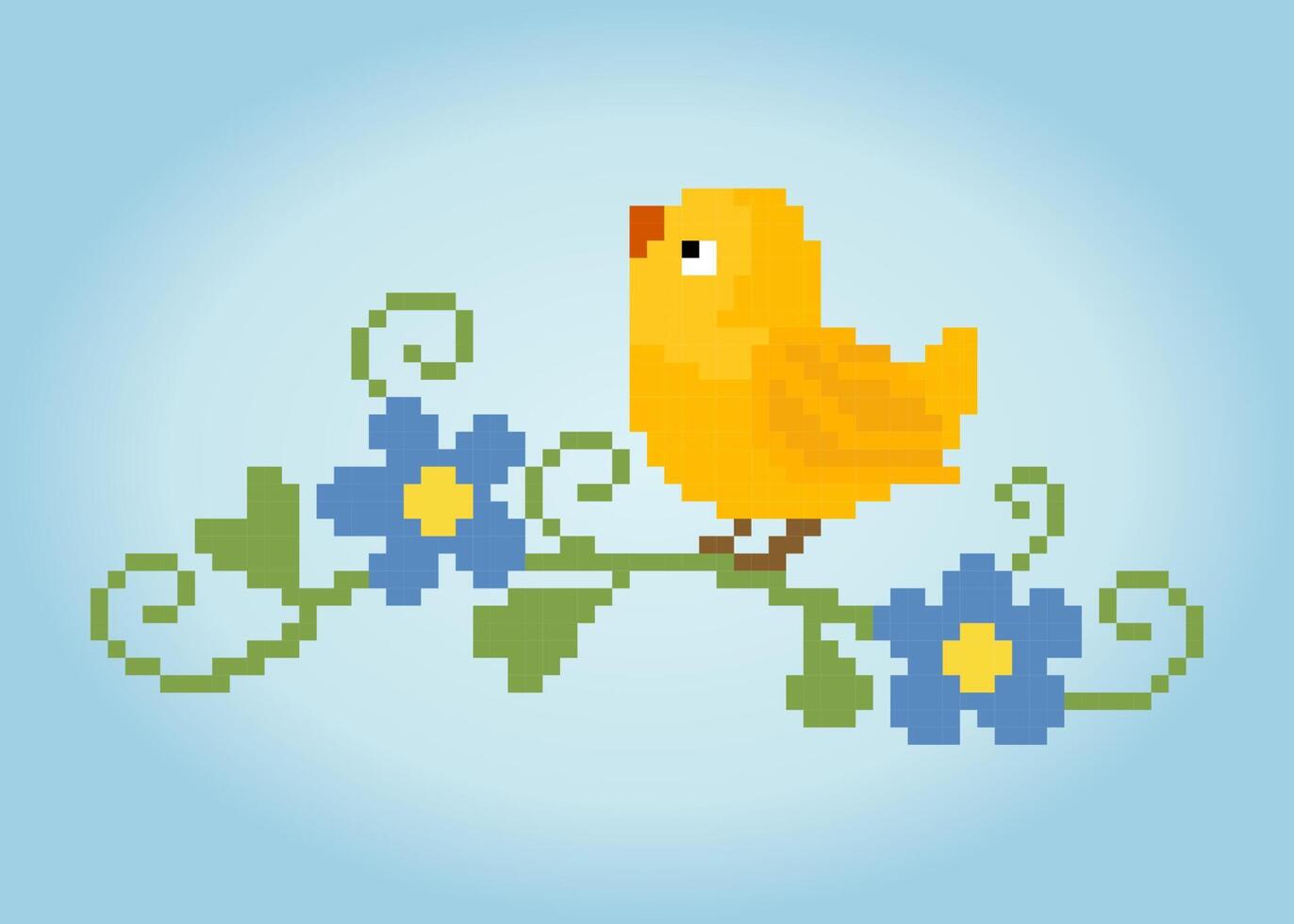 Pixel 8 bit bird on tree. Animal game assets in vector illustration.