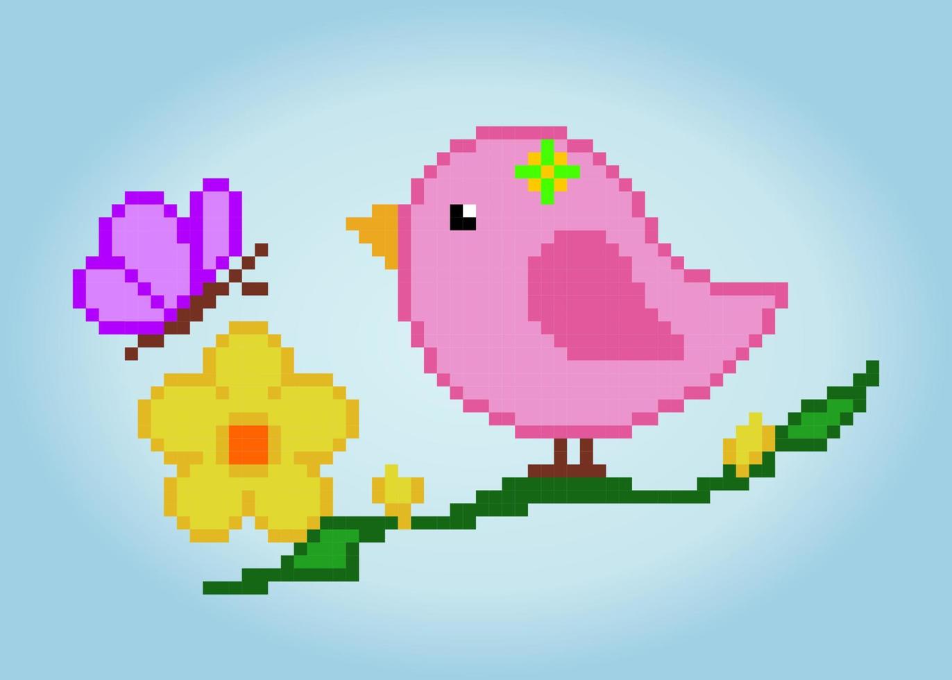 Pixel 8 bit bird on tree. Animal game assets in vector illustration.