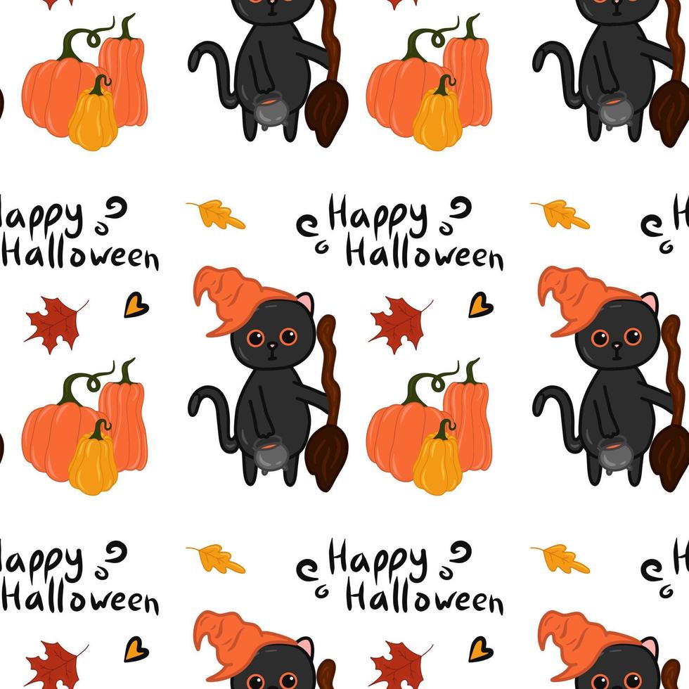 Halloween kawaii cat with costume vector seamless pattern