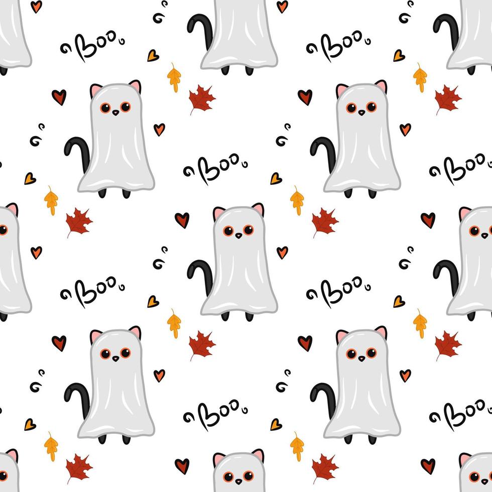 Halloween kawaii cat with costume vector seamless pattern