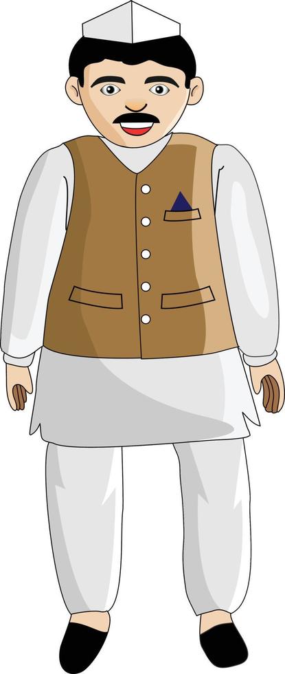 Indian Politician Wearing Kurta and Topi Vector Illustration Cartoon