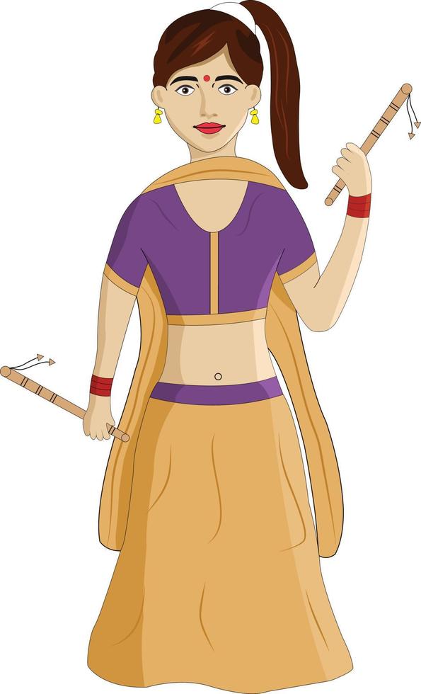 niña india gujrati con lehnga choli y sosteniendo palos de dandia ilustración vectorial de dibujos animados vector