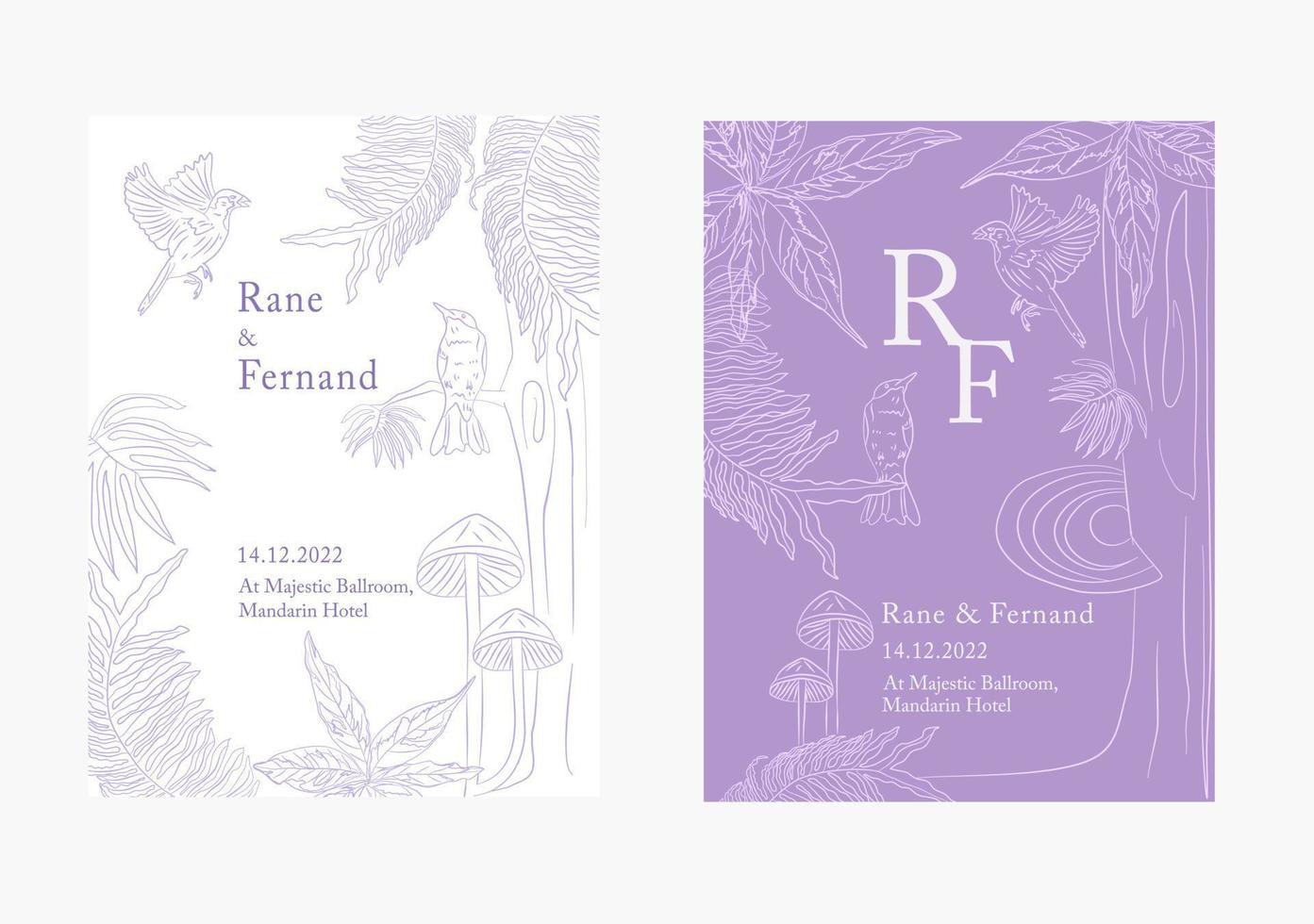 set of Floral wedding invitation with forest theme in violet shade background vector