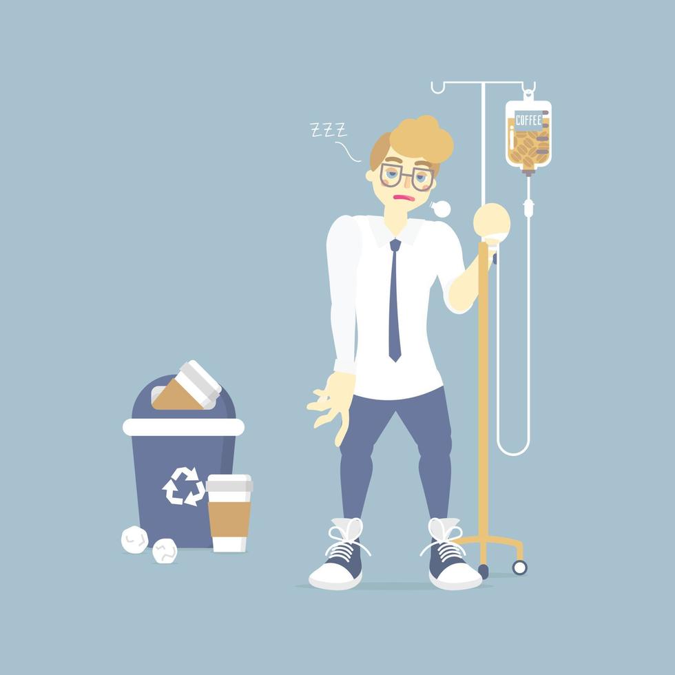 sleepy businessman holding IV stand with coffee infusion drip bag and recycle bin, coffee addict, health care concept, flat vector illustration character cartoon design