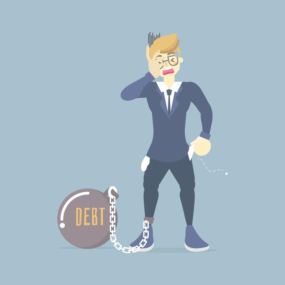 sad, upset businessman showing empty pocket with no money, financial debt concept, flat vector illustration cartoon character design clip art