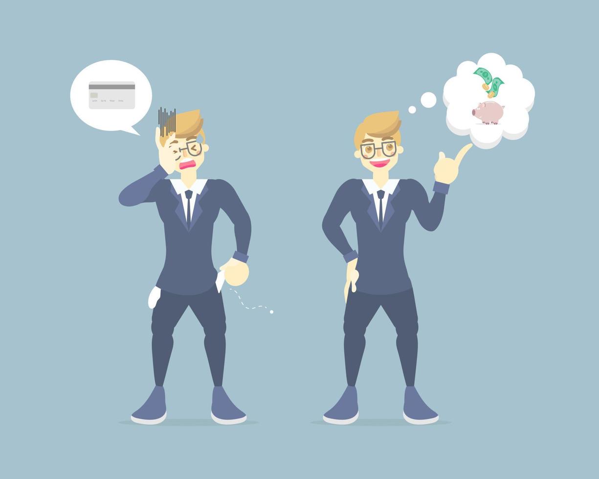 broke businessman showing empty pocket with no money with credit card, saving money, bankrupt concept, flat vector illustration cartoon character design clip art