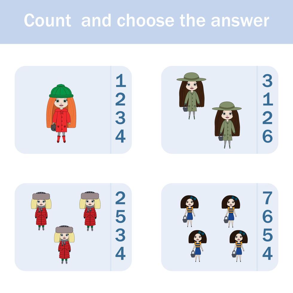 Counting Game for Preschool Children.  Count how many colorful dolls vector