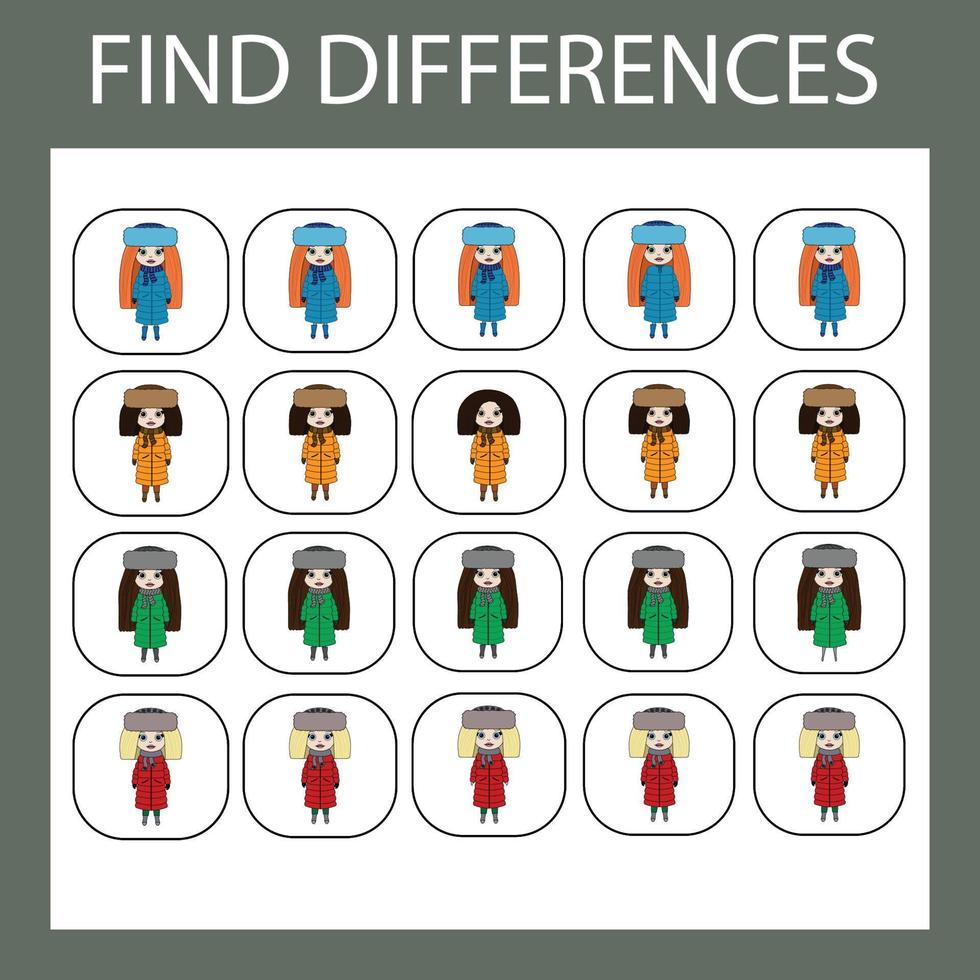 find the difference. Logic game for children. Find an extra dolls vector