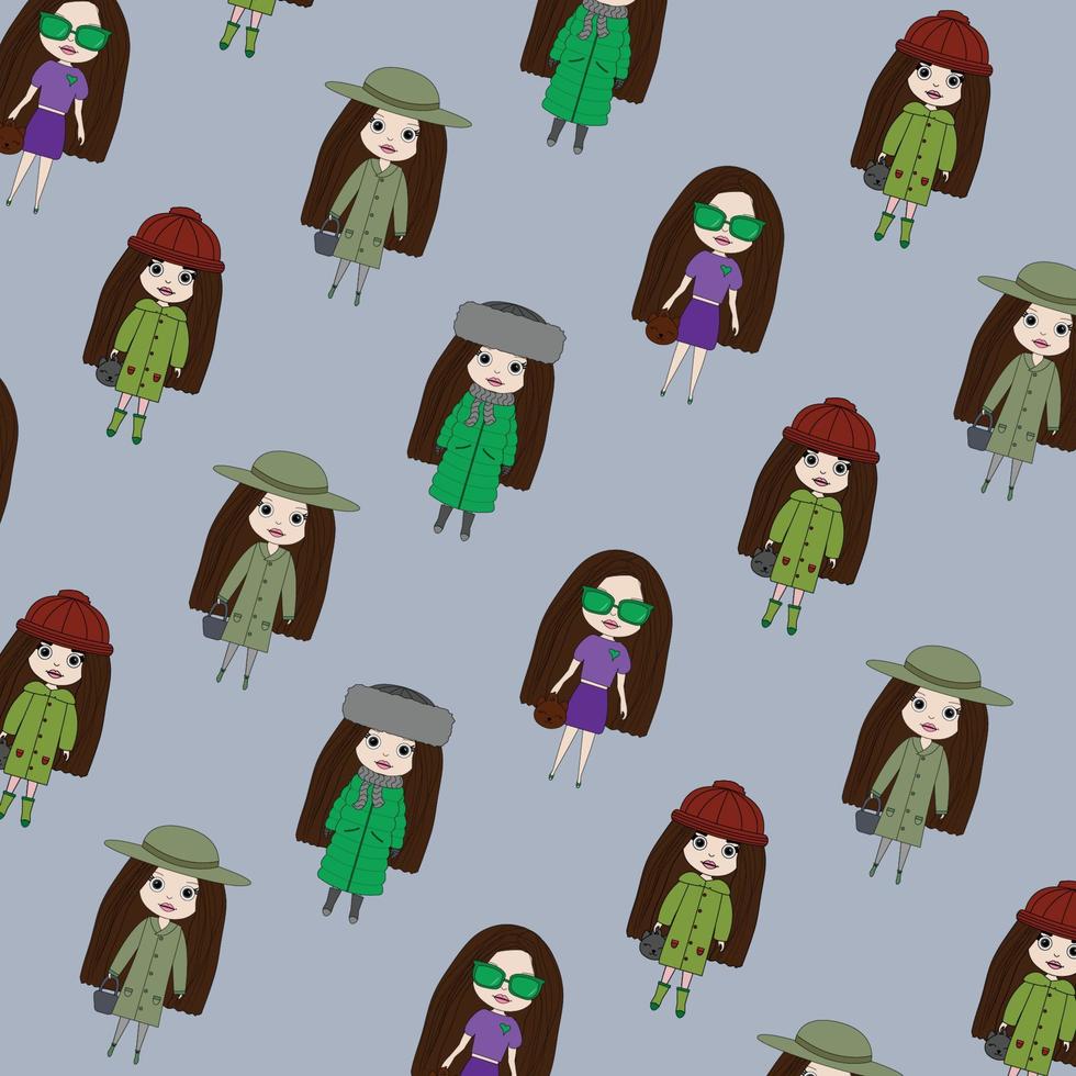 Vector girls pattern. Colorful toys  on gray  background