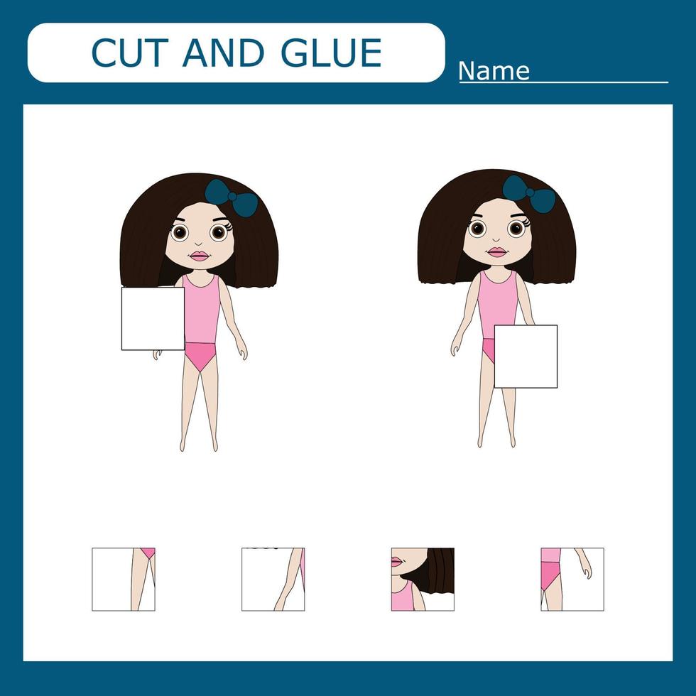 Vector illustration of an cute  little girl who needs to pick up and cut out the missing detail. Educational paper game for kids. Cutout and gluing