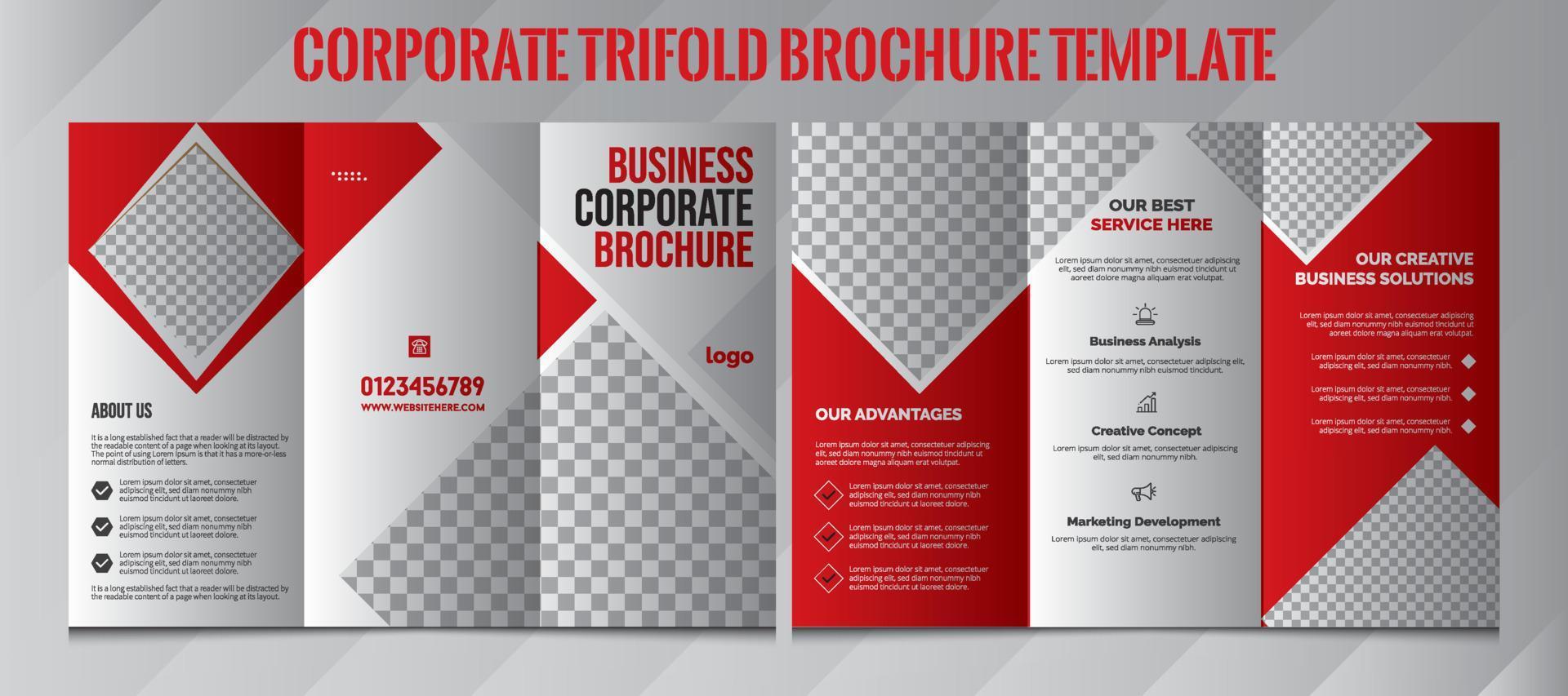 diseño de folleto tríptico. plantilla de negocio corporativo para volante tríptico con formas cuadradas de rombo. plantilla de diseño de folleto tríptico corporativo. amarillo, rojo, negro. diseño completo en una maqueta. vector