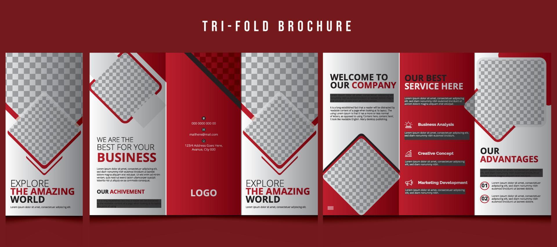 diseño creativo de folletos trípticos. plantilla de marketing de negocios corporativos para volante triple, diseño con vector de diseño moderno y fondo abstracto. concepto creativo 3 volante doblado o publicación de folleto,